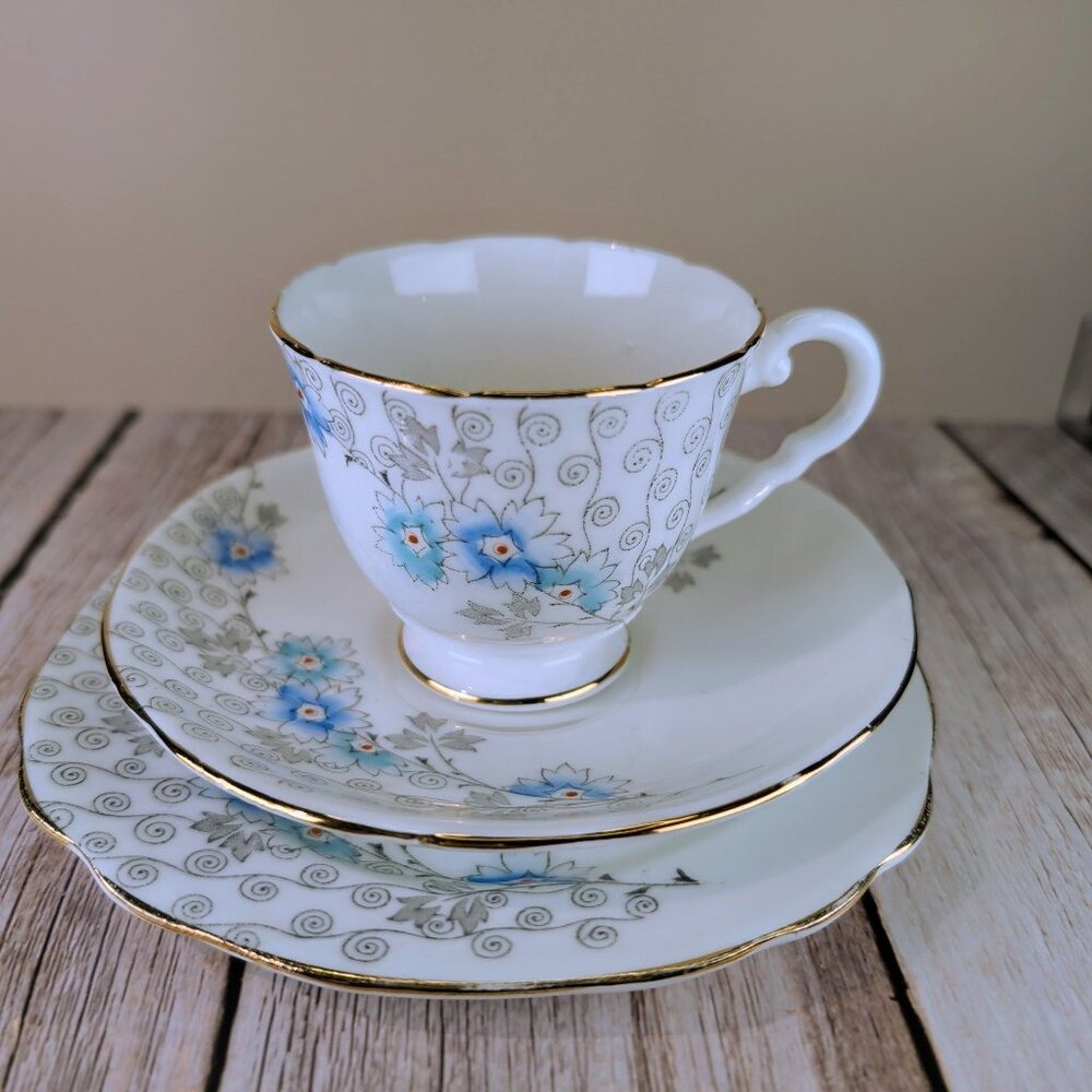 RARE Royal Stafford Blue Floral Trio Set Teacup Saucer & Side Plate Hand Painted